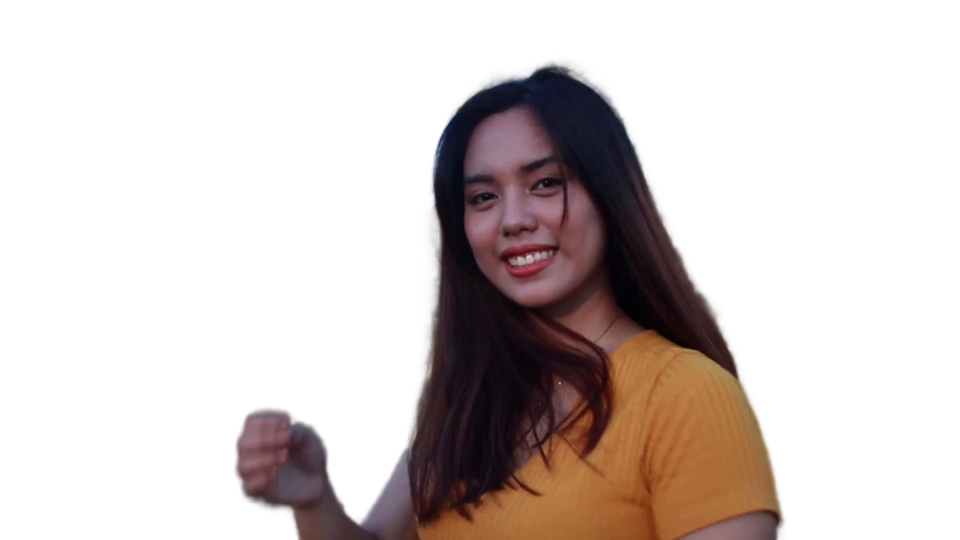 Processed frame: the same woman, her hair and her hand isolated with transparent pixels